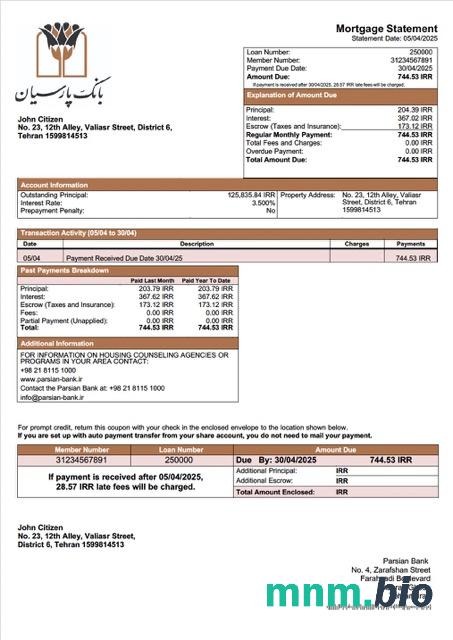 Iran Bank Parsian wyciąg z kredytu hipotecznego szablon Word i PDF
